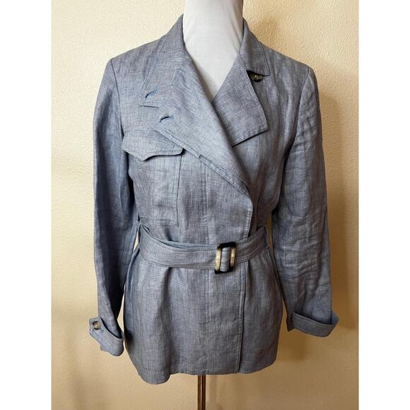 Reiss Arta Light Blue Chambray 100% Linen Draped Belted Jacket Womens 4 - Picture 2 of 9